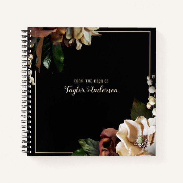 Elegant Gold Floral on Black Personalised Notebook (Front)