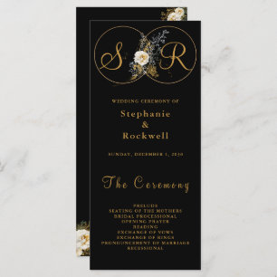 Elegant Gold Floral On Black Wedding Program 
