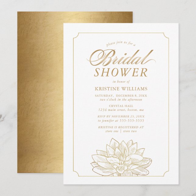 Elegant Gold Floral on White Bridal Shower Invitation (Front/Back)