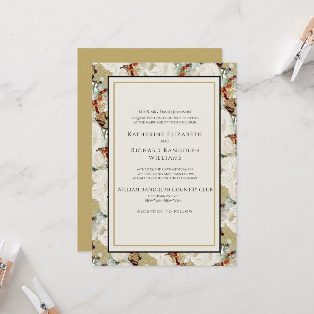 Elegant Gold Floral One Venue Wedding Invitation (Front/Back In Situ)