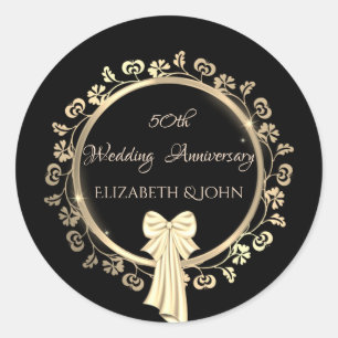 Elegant Gold Floral Ornament ,Bow Anniversary Classic Round Sticker
