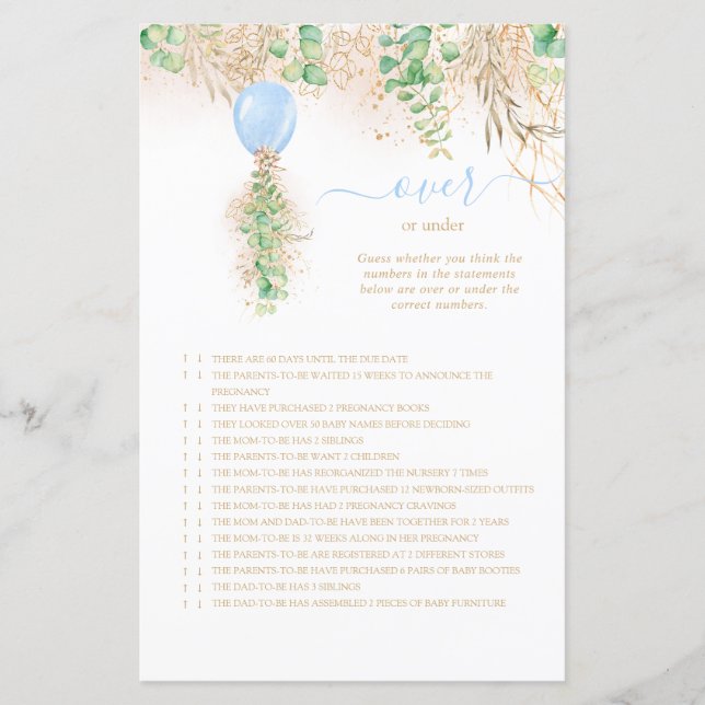 Elegant Gold Floral Over Or Under Baby Shower Game (Front)