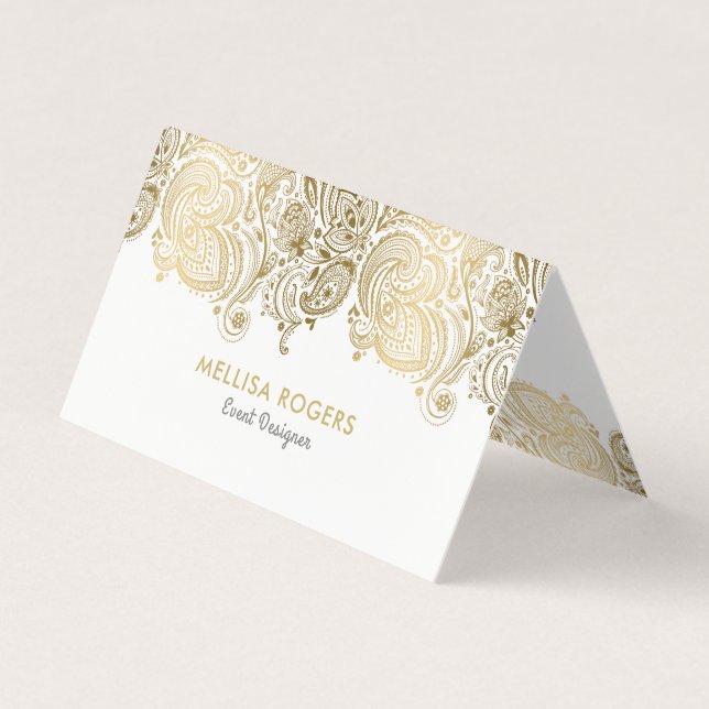 Elegant Gold Floral Paisley Lace Business Card (Front)