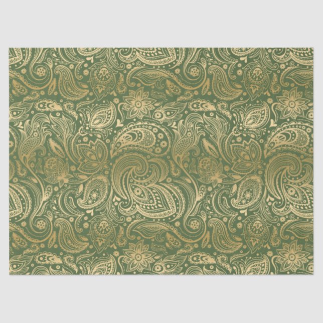 Elegant Gold Floral Paisley On Green Background Tissue Paper (Front)