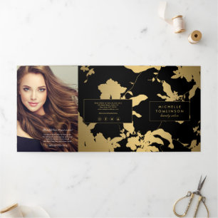 Elegant Gold Floral Pattern Black Salon Brochure