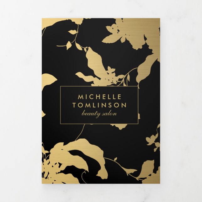 Elegant Gold Floral Pattern Black Salon Brochure (Cover)
