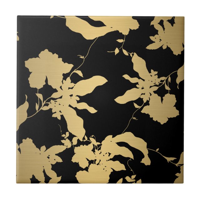 Elegant Gold Floral Pattern Black Tile (Front)