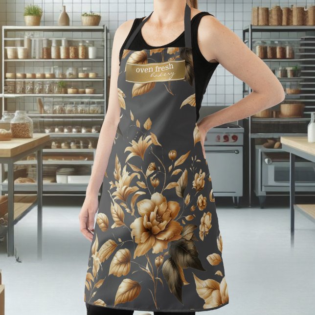 Elegant Gold Floral Pattern Dark Grey Bakery Apron (Creator Uploaded)