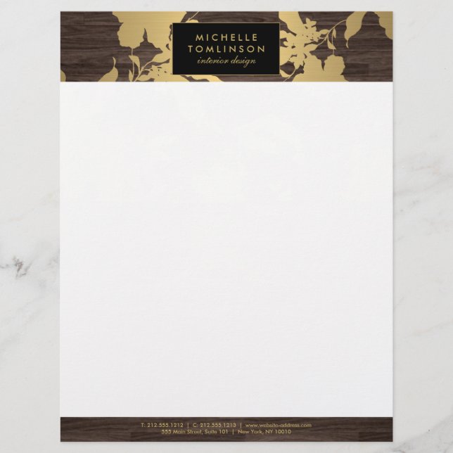 Elegant Gold Floral Pattern Dark Wood Designer Personalised Letterhead (Front)