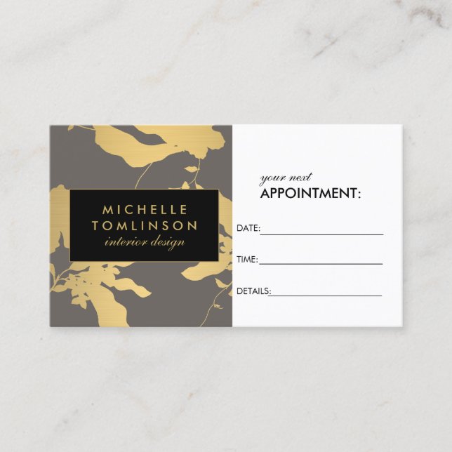 Elegant Gold Floral Pattern Grey Appointment Card (Front)