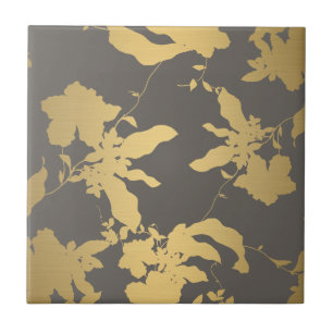 Elegant Gold Floral Pattern Grey Ceramic Tile