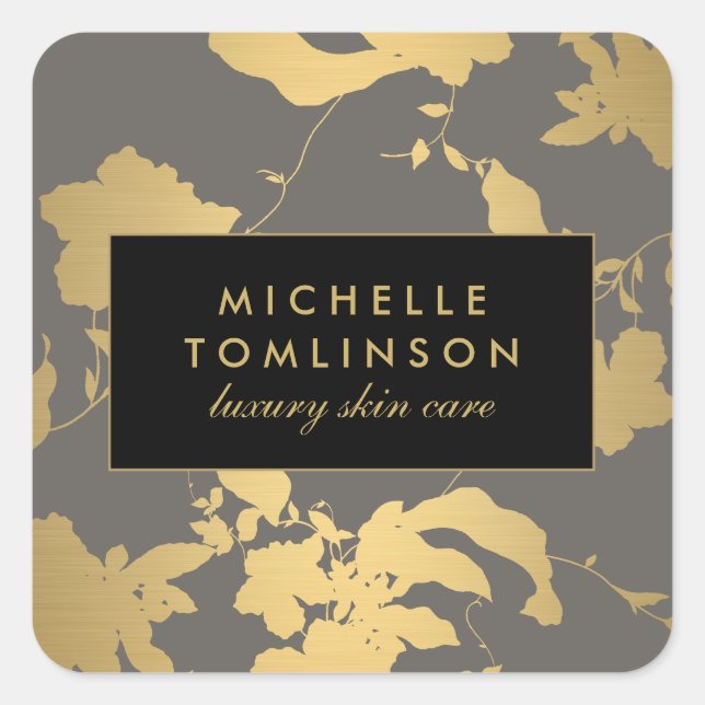 Elegant Gold Floral Pattern Grey Square Sticker (Front)
