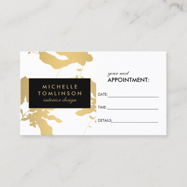 Elegant Gold Floral Pattern White Appointment Card (Front)
