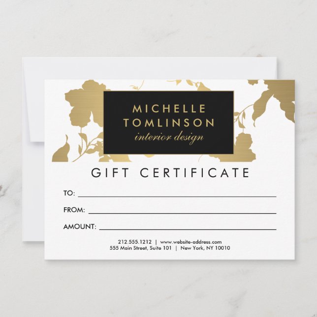 Elegant Gold Floral Pattern White Gift Certificate (Front)