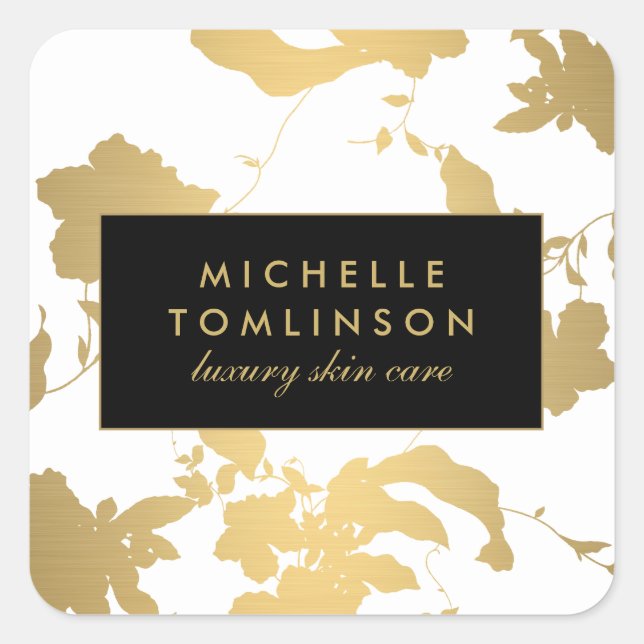 Elegant Gold Floral Pattern White Square Sticker (Front)