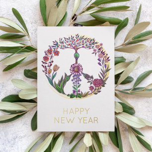 Elegant Gold Floral Peace Sign Customised New Year Foil Holiday Card