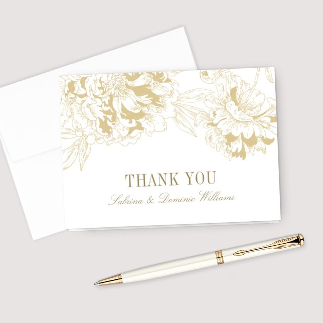 Elegant Gold Floral Peony Wedding Monogram Thank You Card (Creator Uploaded)