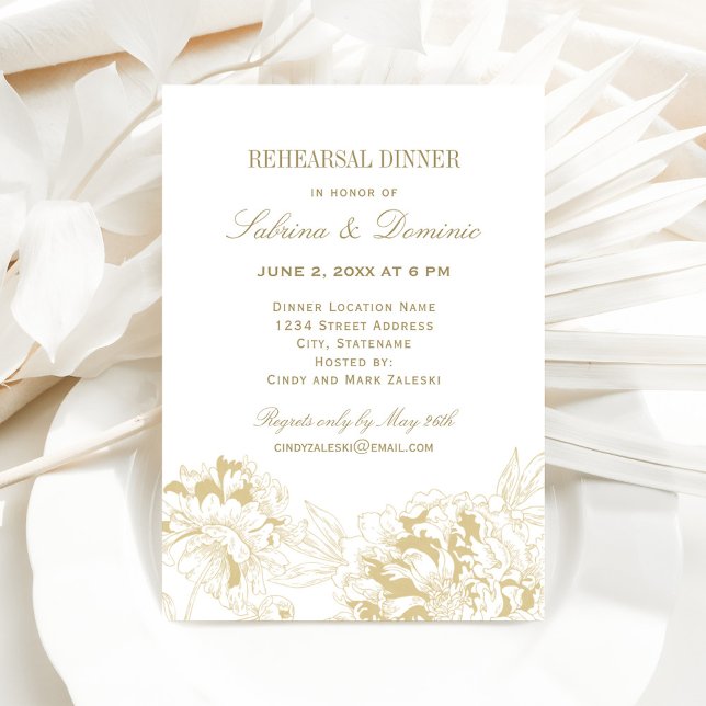 Elegant Gold Floral Peony Wedding Rehearsal Dinner Invitation (Creator Uploaded)
