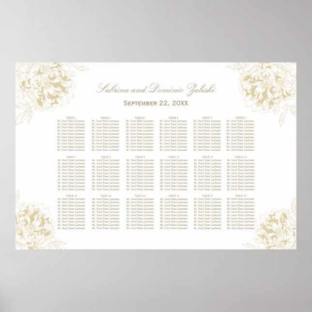 Elegant Gold Floral Peony Wedding Seating Poster (Front)