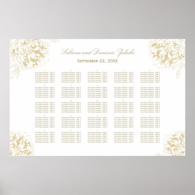 Elegant Gold Floral Peony Wedding Seating Poster (Front)