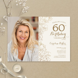 Elegant Gold Floral Photo 60th Birthday Invitation
