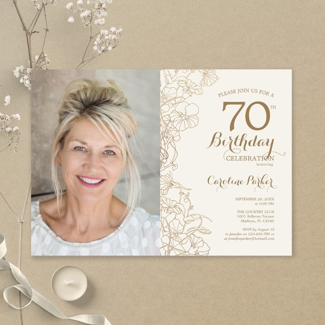 Elegant Gold Floral Photo 70th Birthday Invitation (Creator Uploaded)