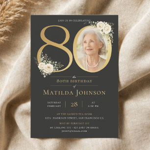 Elegant Gold Floral Photo 80th Birthday Invitation