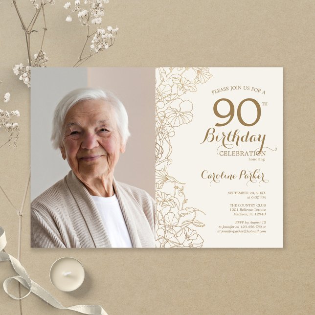 Elegant Gold Floral Photo 90th Birthday Invitation (Creator Uploaded)