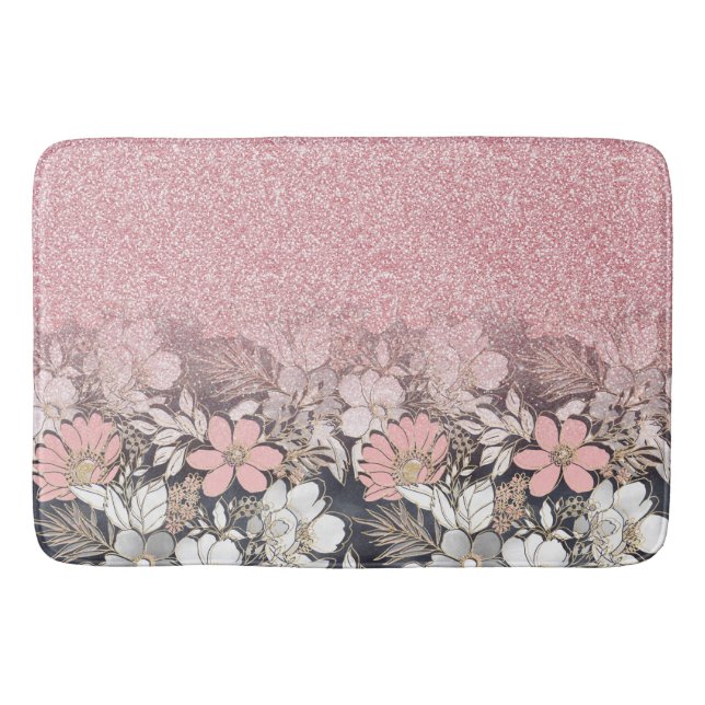Elegant Gold floral pink Gradient Glitter Image Bath Mat (Front)
