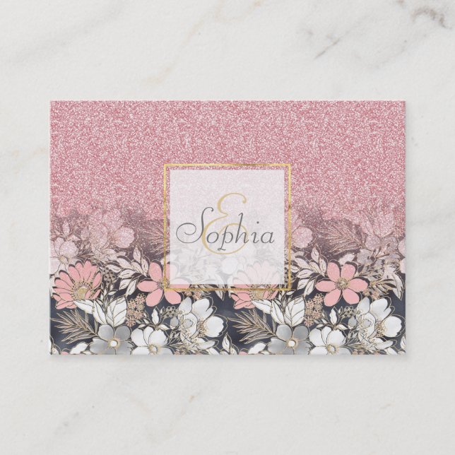 Elegant Gold floral pink Gradient Glitter Image Business Card (Front)