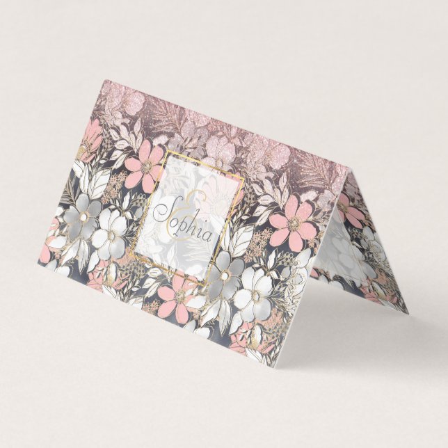 Elegant Gold floral pink Gradient Glitter Image Business Card (Front)