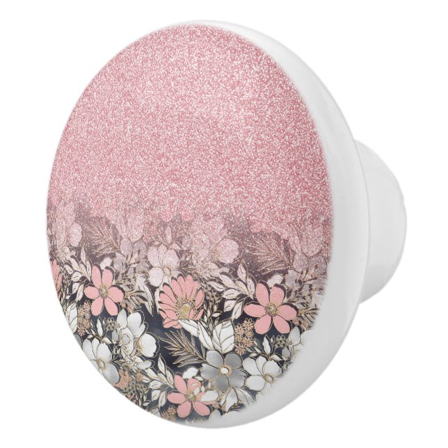 Elegant Gold floral pink Gradient Glitter Image Ceramic Knob (Right)