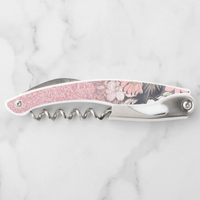 Elegant Gold floral pink Gradient Glitter Image Corkscrew (Back)