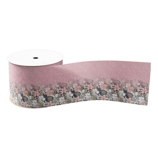 Elegant Gold floral pink Gradient Glitter Image Grosgrain Ribbon (Spool)
