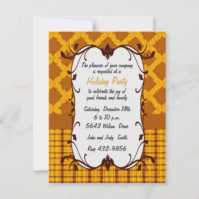Elegant Gold Floral & Plaid Holiday Invitation (Front)