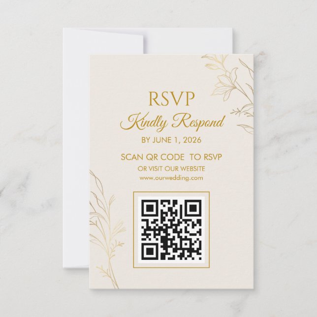 Elegant Gold Floral QR Code Wedding RSVP Card (Front)