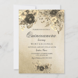 Elegant Gold Floral Quinceanera Invite