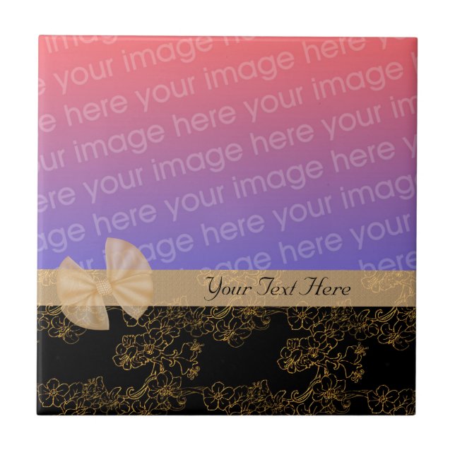 Elegant Gold Floral Ribbon Your Photo Tile (Front)