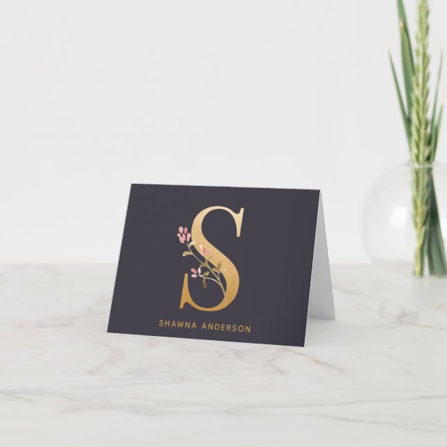 Elegant Gold Floral S Monogram Chic Personalised Note Card (Front)