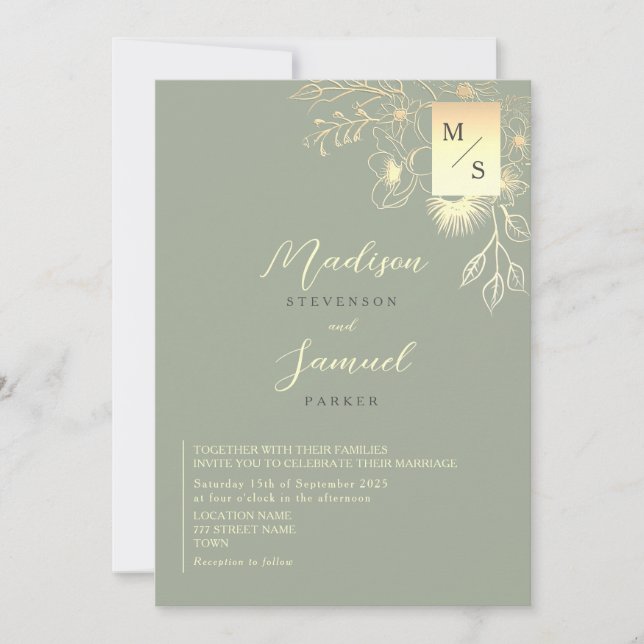Elegant Gold Floral Sage Green Wedding Invitation (Front)