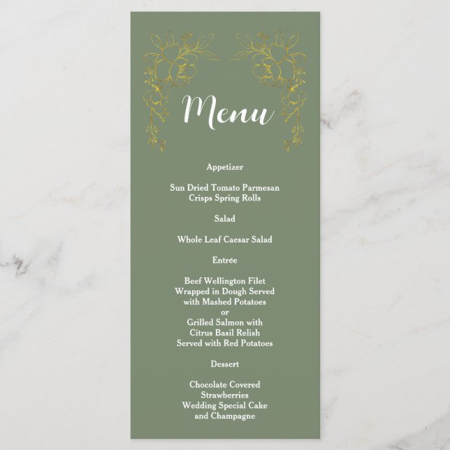Elegant Gold Floral Sage Green Wedding  Menu (Front)