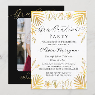 Elegant Gold Floral Script Graduation Party Photo Invitation