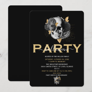 Elegant Gold Floral Skull Adult Halloween Party Invitation