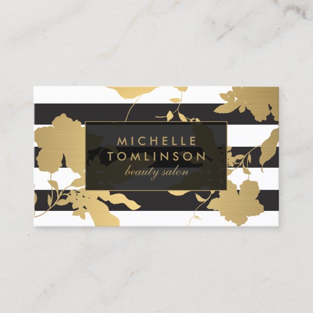 Elegant Gold Floral Striped Designer Business Card (Front)