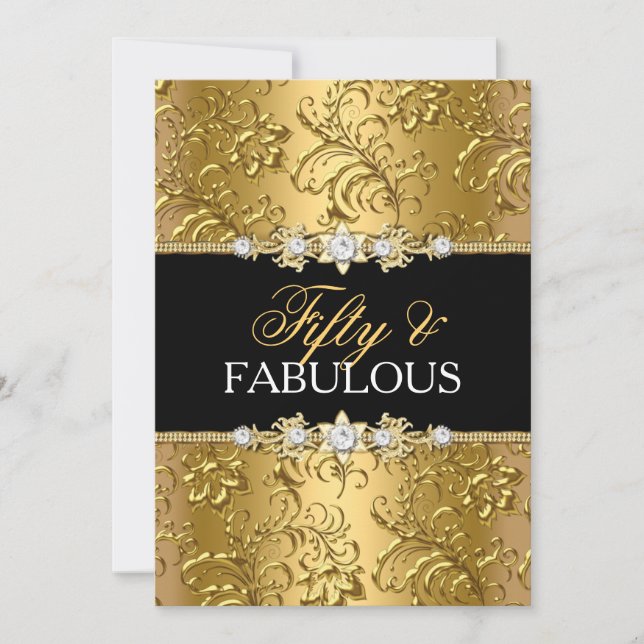 Elegant Gold Floral Swirl Fifty and Fabulous Invitation (Front)