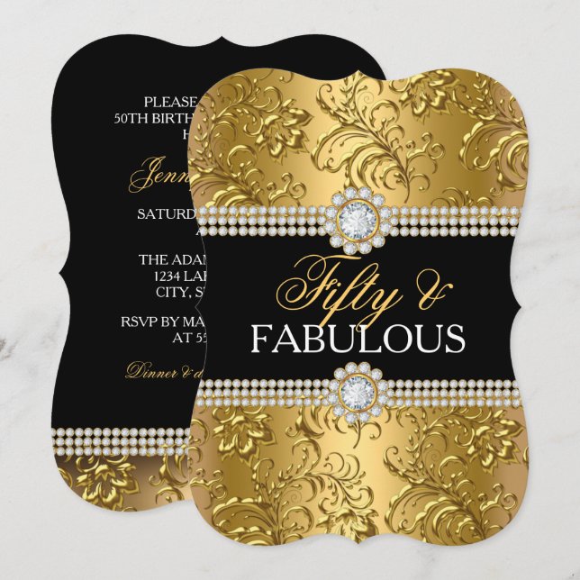 Elegant Gold Floral Swirl Fifty and Fabulous Party Invitation (Front/Back)