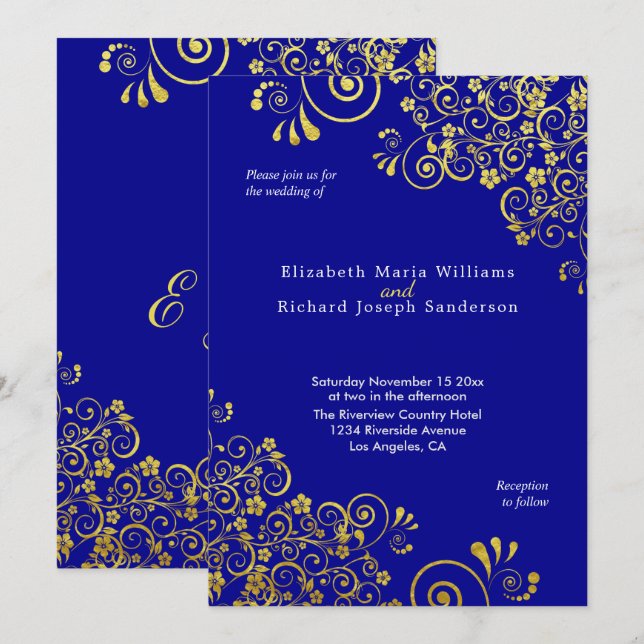 Elegant Gold Floral Swirls  Navy Blue Wedding Invitation (Front/Back)