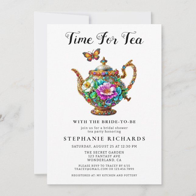 Elegant Gold Floral Teapot Bridal Shower Invitation (Front)