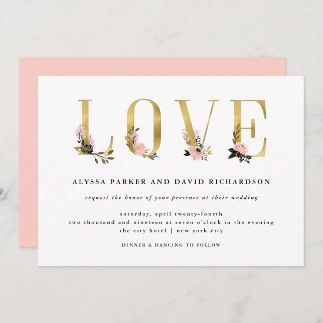 Elegant Gold Floral Text | Love Wedding Invitation (Front/Back)