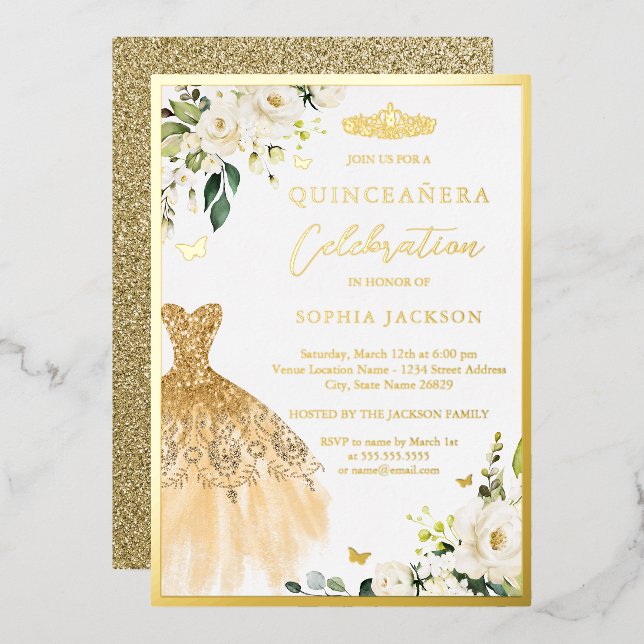 Elegant Gold Floral Tiara Dress Quinceanera  (Front/Back)